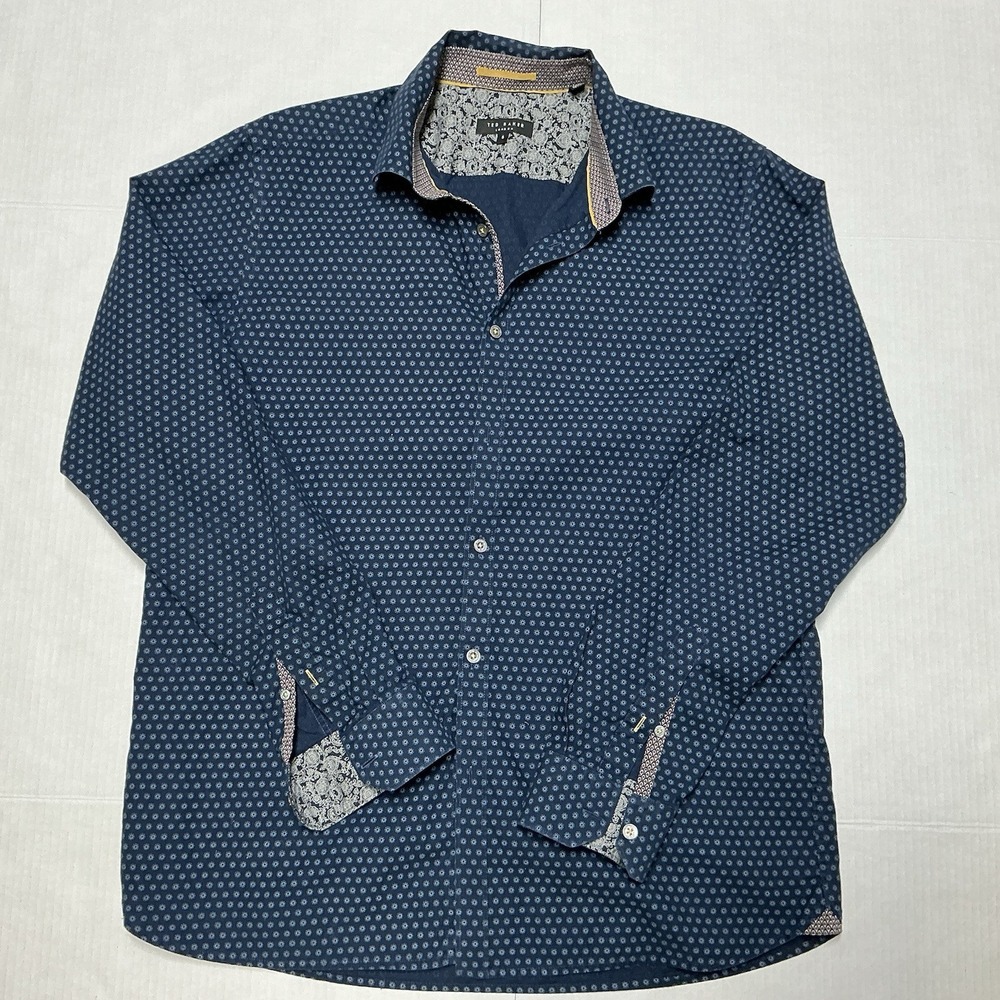 Ted Baker Men's Button Down Shirt Navy Blue Long Sleeve "No Ordinary Shirt" Sz L